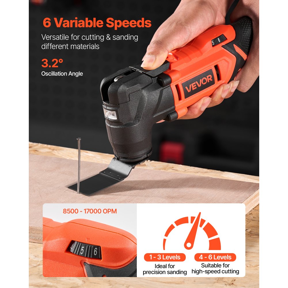 VEVOR Cordless Oscillating Tool, 20V Multitool Oscillating Tool with 6 Variable Speeds 8500 - 17000 OPM, 3.2°