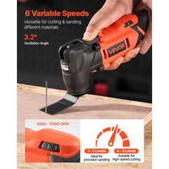 VEVOR Cordless Oscillating Tool, 20V Multitool Oscillating Tool with 6 Variable Speeds 8500 - 17000 OPM, 3.2°