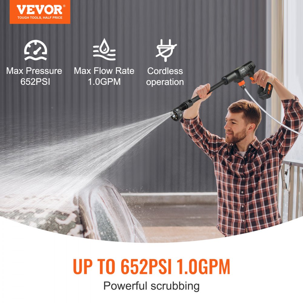 VEVOR Cordless Pressure Washer, 652-PSI 1.0 GPM Portable Power Cleaner, Handheld High-Pressure Car Washer Gun with