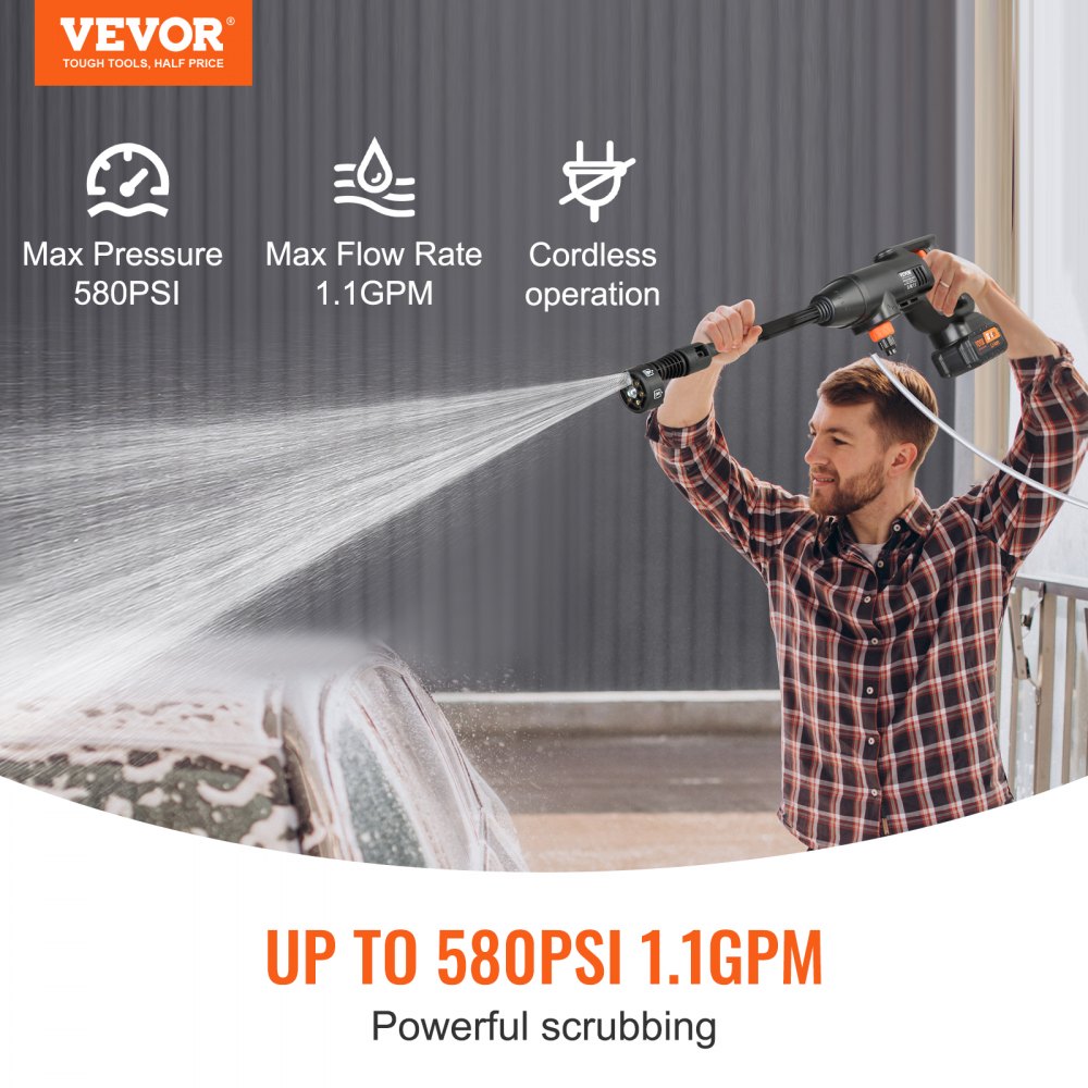 VEVOR Cordless Pressure Washer, 580-PSI 1.1 GPM Portable Power Cleaner, Handheld High-Pressure Car Washer Gun with