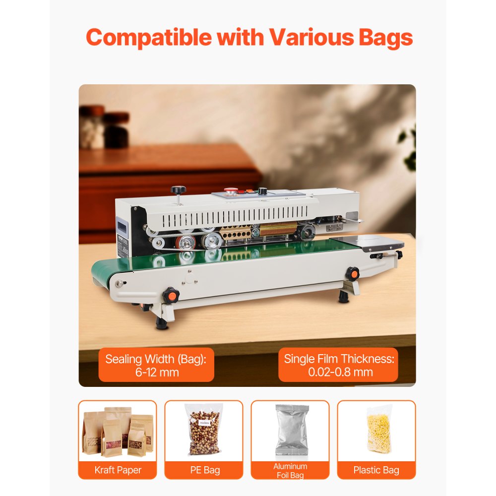 VEVOR Continuous Bag Band Sealing Machine, 0.24-0.47 in/6-12 mm Seal Width, Horizontal Band Sealer Machine with Digital