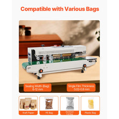 VEVOR Continuous Bag Band Sealing Machine, 0.24-0.47 in/6-12 mm Seal Width, Horizontal Band Sealer Machine with Digital