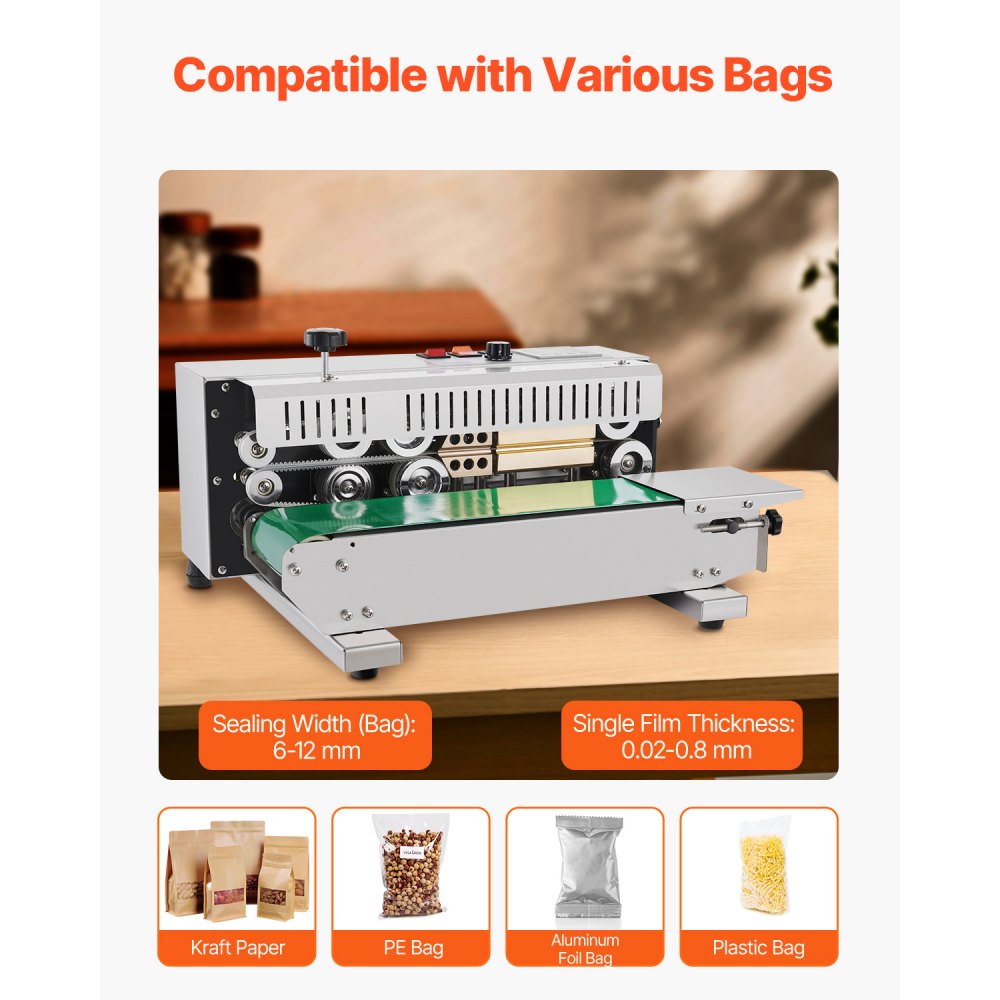 VEVOR Continuous Bag Band Sealing Machine, 0.24-0.47 in/6-12 mm Seal Width, Horizontal Band Sealer Machine with Digital