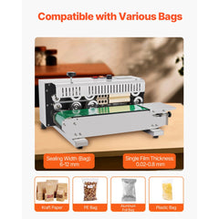 VEVOR Continuous Bag Band Sealing Machine, 0.24-0.47 in/6-12 mm Seal Width, Horizontal Band Sealer Machine with Digital