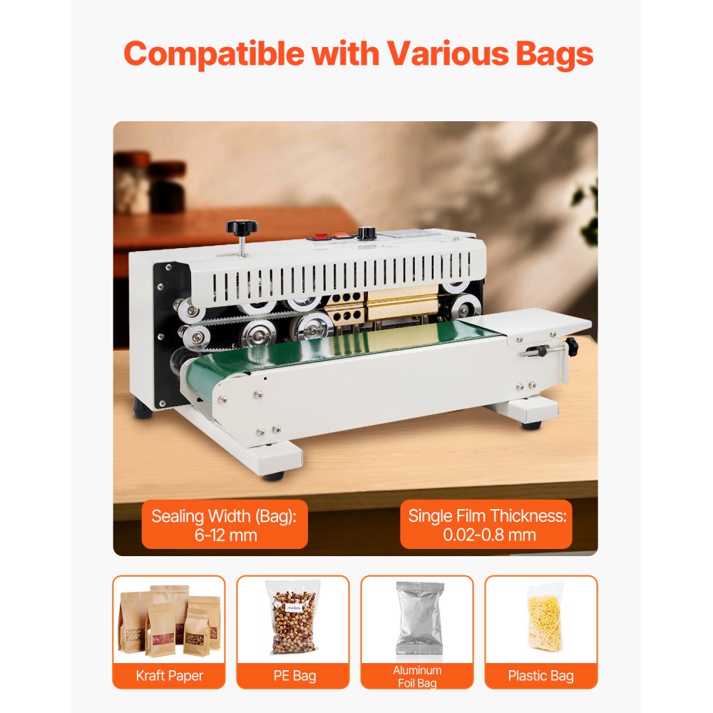 VEVOR Continuous Bag Band Sealing Machine, 0.24-0.47 in/6-12 mm Seal Width, Horizontal Band Sealer Machine with Digital