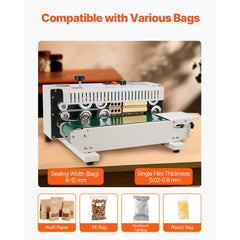 VEVOR Continuous Bag Band Sealing Machine, 0.24-0.47 in/6-12 mm Seal Width, Horizontal Band Sealer Machine with Digital