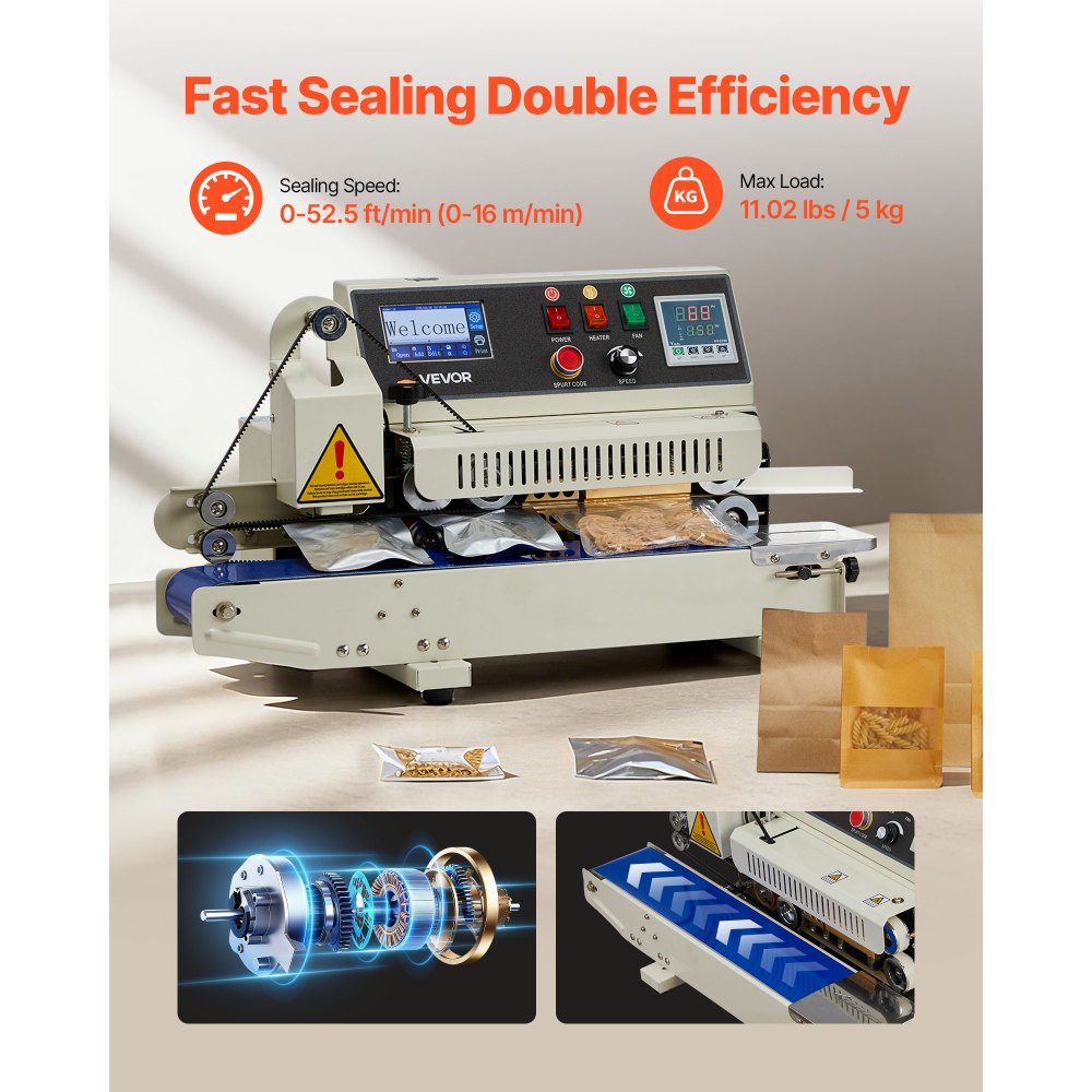 VEVOR Continuous Bag Band Sealing Machine, 0.24-0.47 in Seal Width, Horizontal Band Sealer Machine with Ink Printing