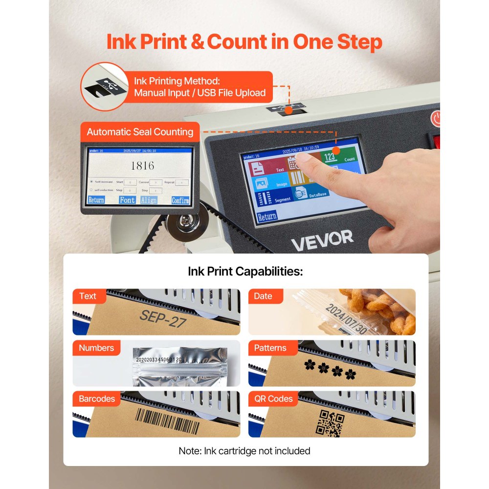 VEVOR Continuous Bag Band Sealing Machine, 0.24-0.47 in Seal Width, Horizontal Band Sealer Machine with Ink Printing