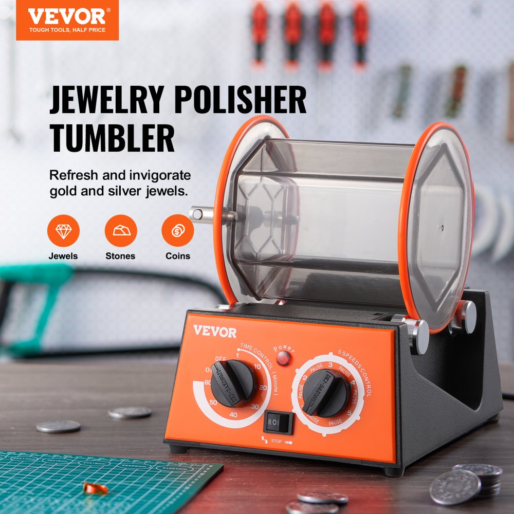 VEVOR Jewelry Polisher Tumbler, 6.6lbs/3kg Capacity Mini Rotary Tumbler Machine with 0-60 Minutes Timer, 5 Speeds