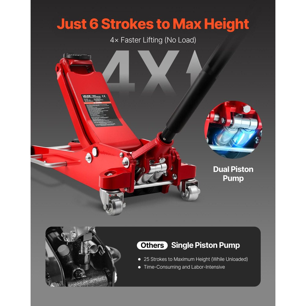 VEVOR Low Profile Floor Jack, 3 Ton (6614 lbs) Capacity, Aluminum Racing Floor Jack with Dual Pistons Quick Lift Pump