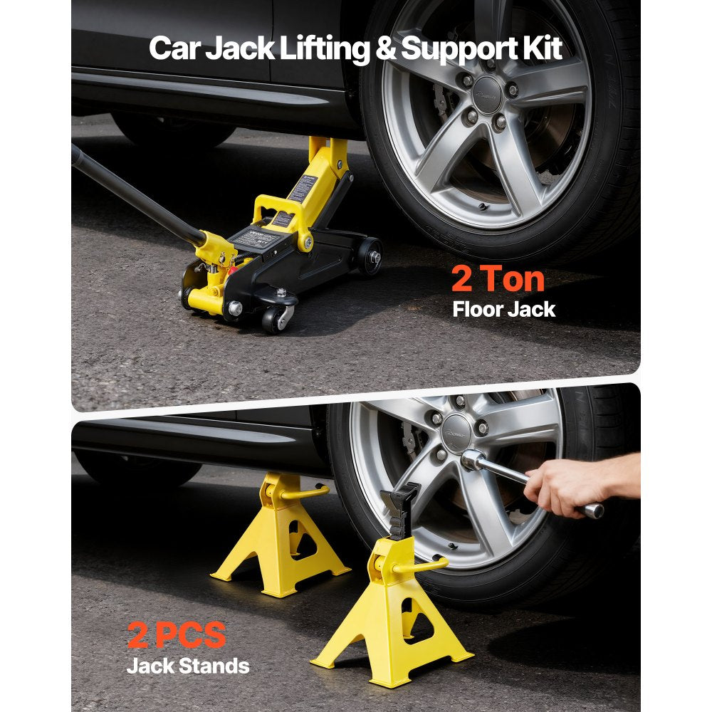 VEVOR Low Profile Floor Jack, 2 Ton (4400 lbs) Capacity, Steel Racing Floor Jack with Stands, Single Piston Quick Lift