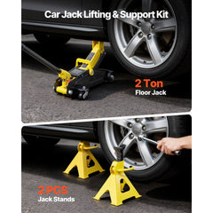 VEVOR Low Profile Floor Jack, 2 Ton (4400 lbs) Capacity, Steel Racing Floor Jack with Stands, Single Piston Quick Lift