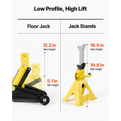 VEVOR Low Profile Floor Jack, 2 Ton (4400 lbs) Capacity, Steel Racing Floor Jack with Stands, Single Piston Quick Lift