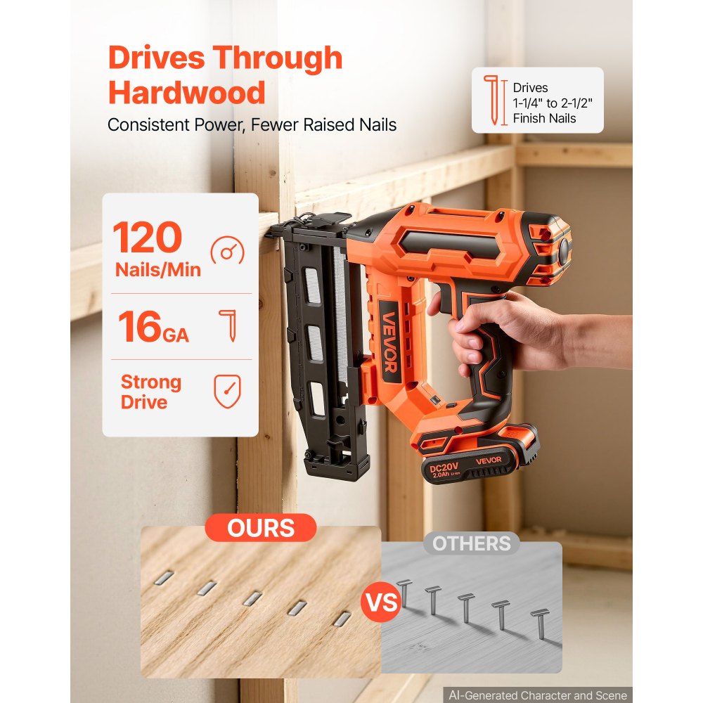 VEVOR Cordless Finish Nailer 20V 16GA Straight Cordless Nailer with Battery, Drives 1-1/4" to 2-1/2" Nails, with 1500
