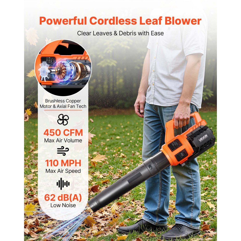 VEVOR Cordless Leaf Blower, 20V Powerful Electric Leaf Blower with 2.0Ah Battery, Fast Charging & Quiet Operation, 2
