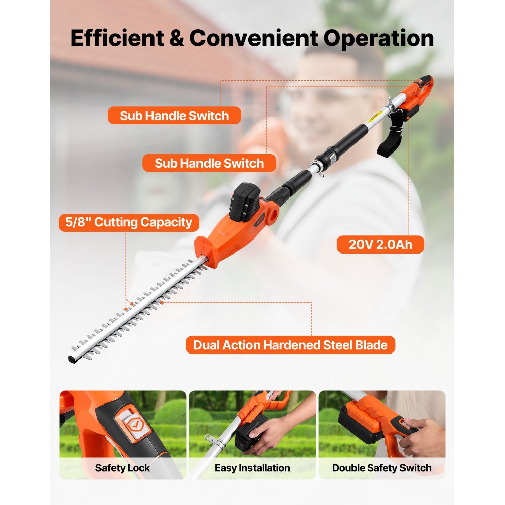 VEVOR Cordless Pole Hedge Trimmer, 20V Electric Bush Trimmer Kit with 18 Inch Double-Edged Steel Blade, 74-94 Inches