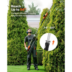 VEVOR Cordless Pole Hedge Trimmer, 20V Electric Bush Trimmer Kit with 18 Inch Double-Edged Steel Blade, 74-94 Inches