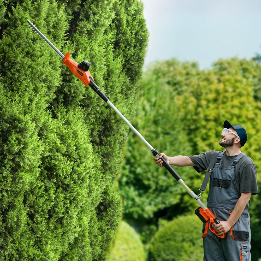 VEVOR Cordless Pole Hedge Trimmer, 20V Electric Bush Trimmer Kit with 18 Inch Double-Edged Steel Blade, 74-94 Inches