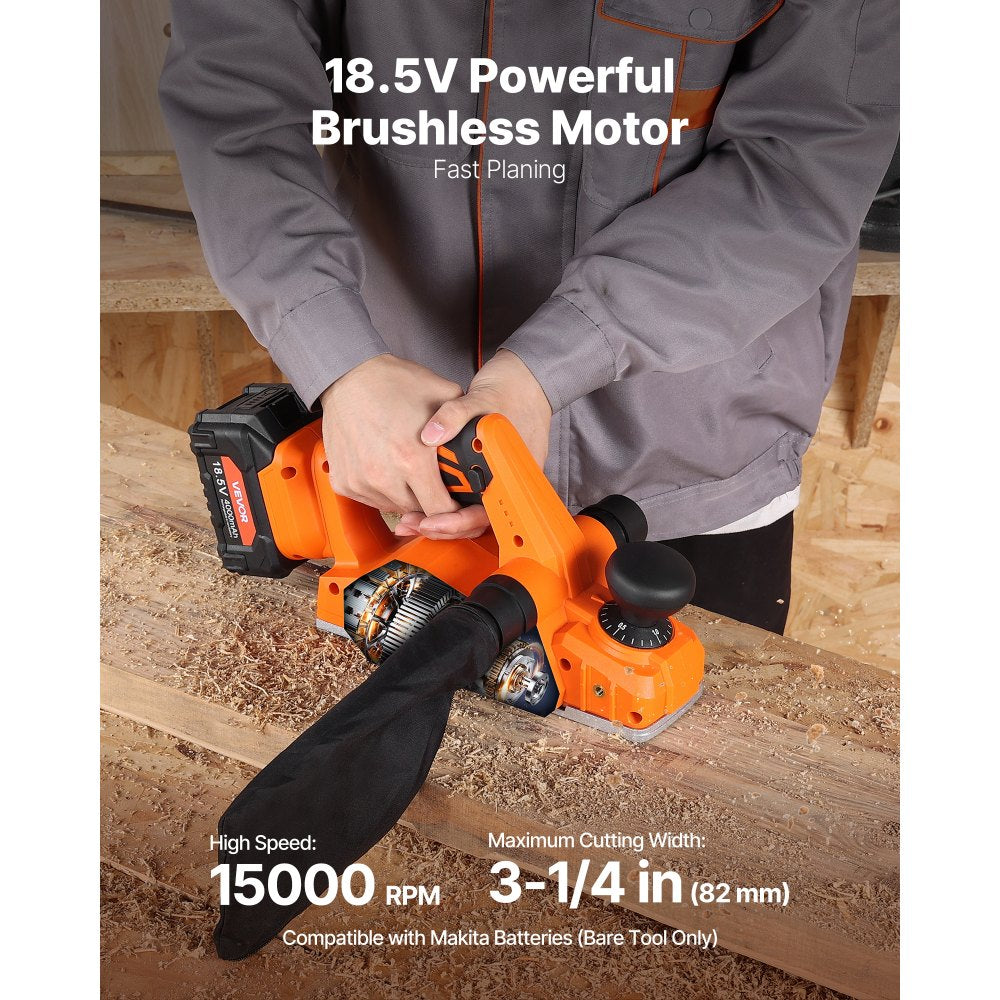 VEVOR Cordless Handheld Planer, 3-1/4-Inch Cut Width, 15000 RPM Electric Hand Wood Planer with Brushless Motor