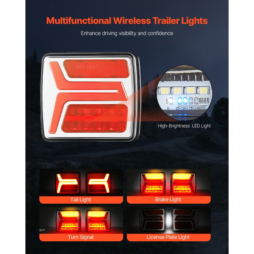VEVOR Trailer Lights, 2PCS 12V Square LED Magnetic Wireless Trailer Tail Lights Kit with Stop Brake Turn Tail License