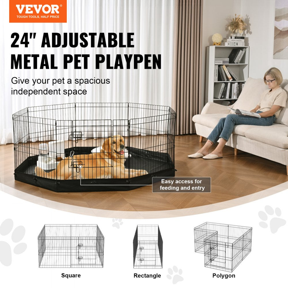 VEVOR Dog Playpen, 8 Panels Foldable Metal Dog Exercise Pen with Bottom Pad, 24" H Pet Fence Puppy Crate Kennel with