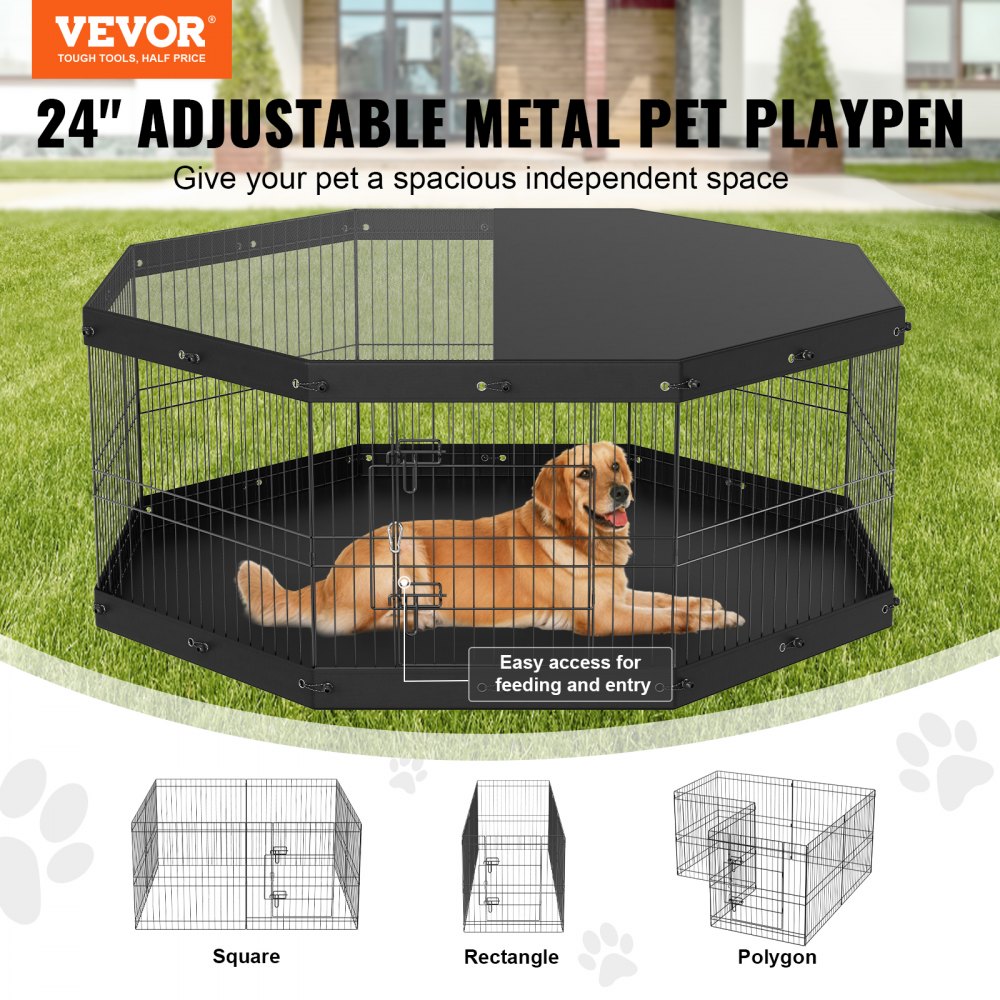 VEVOR Dog Playpen, 8 Panels Foldable Metal Dog Exercise Pen with Top Cover and Bottom Pad, 24" H Pet Fence Puppy Crate