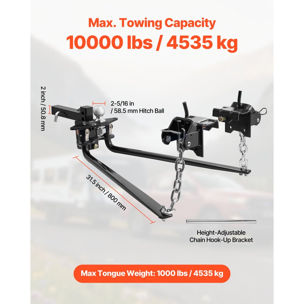 VEVOR Weight Distribution Hitch, 10000 lbs Max Towing & 1000 lbs Max Tongue, Weight Distributing Hitches Kit Includes 2