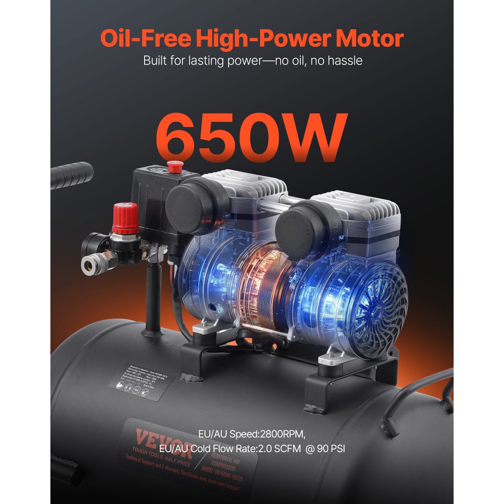 VEVOR Air Compressor, 8 Gallon Steel Tank, 1HP 2.2 CFM@90 PSI Oil Free Air Compressor & Max. 120PSI Pressure, 80dB