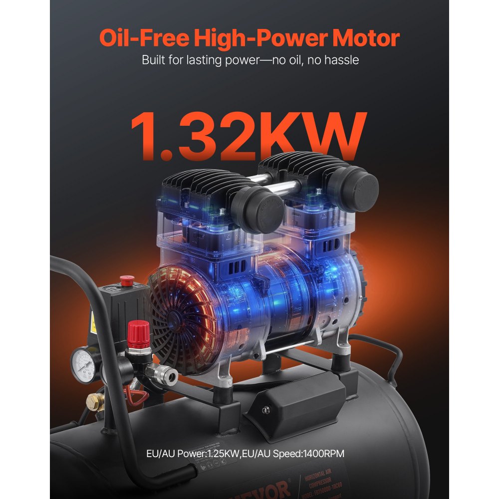 VEVOR Air Compressor, 15 Gallon Steel Tank, 2HP 5.3 CFM@90 PSI Oil Free Air Compressor & Max. 125PSI Pressure, 78dB