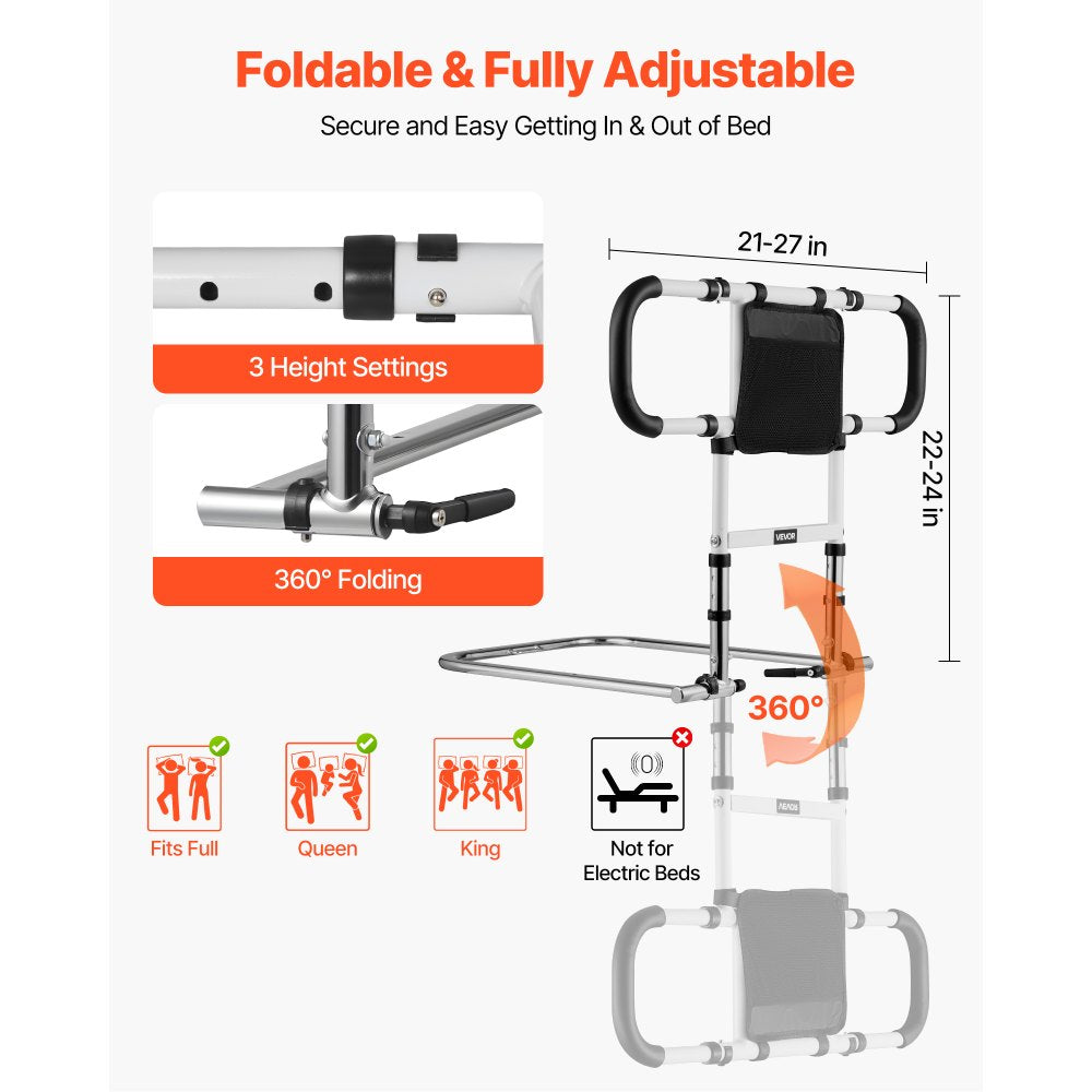 VEVOR Bed Rail for Elderly, Foldable & Extendable Bedside Assist Rail with Side Handles & PU Handrail, Adjustable