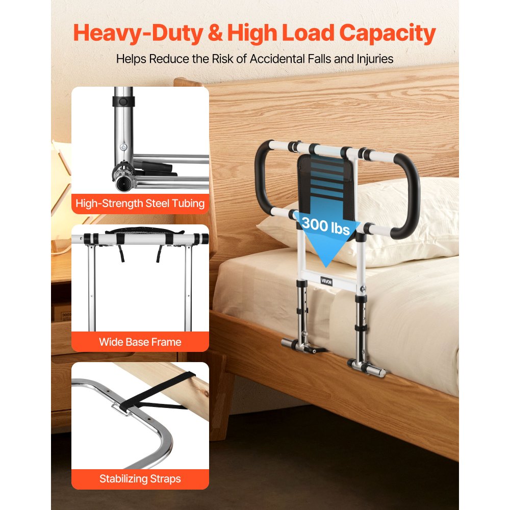 VEVOR Bed Rail for Elderly, Foldable & Extendable Bedside Assist Rail with Side Handles & PU Handrail, Adjustable