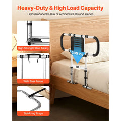 VEVOR Bed Rail for Elderly, Foldable & Extendable Bedside Assist Rail with Side Handles & PU Handrail, Adjustable