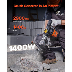 VEVOR Demolition Jack Hammer, 1400W Electric Jackhammer Heavy Duty, 2900 BPM Concrete Breaker, 2pcs Chisels Bits