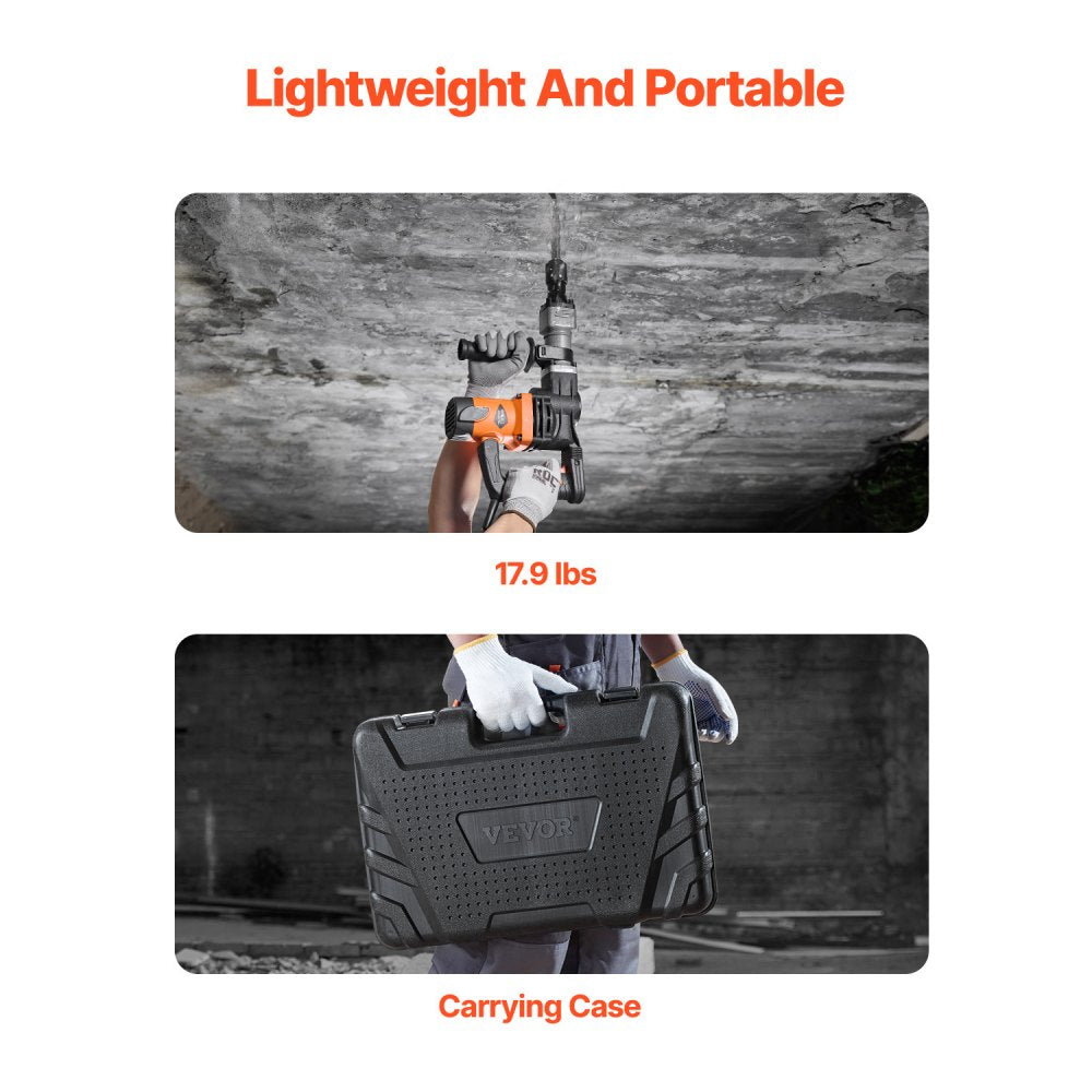 VEVOR Demolition Jack Hammer, 1400W Electric Jackhammer Heavy Duty, 2900 BPM Concrete Breaker, 2pcs Chisels Bits