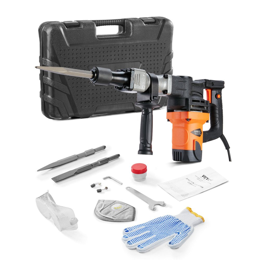 VEVOR Demolition Jack Hammer, 1400W Electric Jackhammer Heavy Duty, 2900 BPM Concrete Breaker, 2pcs Chisels Bits