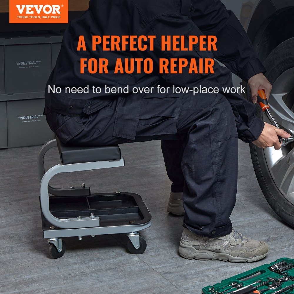 VEVOR Rolling Creeper Garage/Shop Seat, 250 LBS Capacity Padded Rolling Workshop Stool with Tool Tray Storage, Mechanic