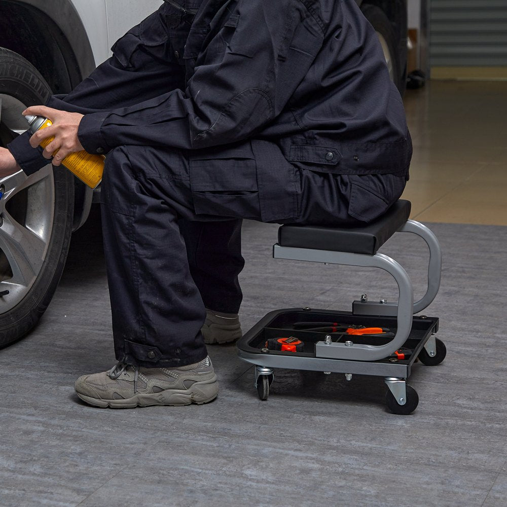 VEVOR Rolling Creeper Garage/Shop Seat, 250 LBS Capacity Padded Rolling Workshop Stool with Tool Tray Storage, Mechanic