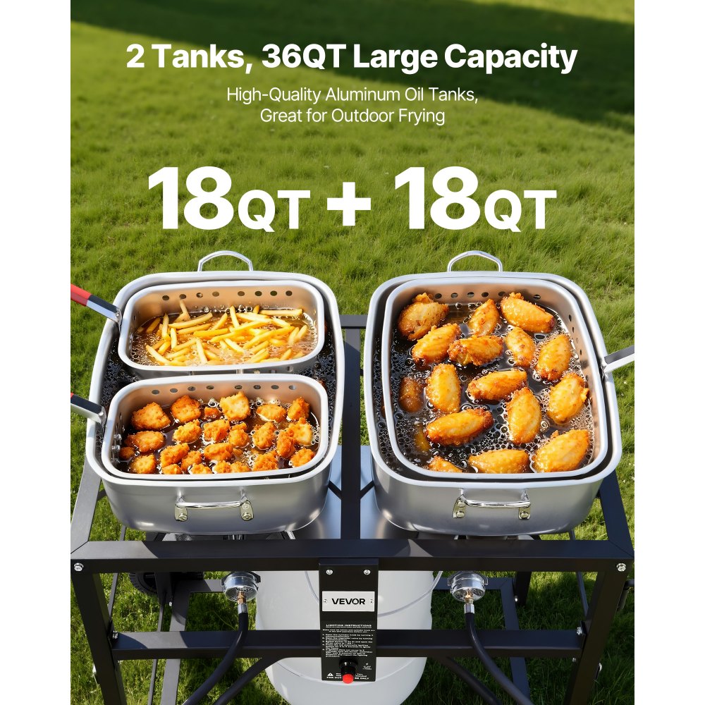 VEVOR Outdoor Propane Deep Fryer, Dual-Tank 18QTx2 Commercial Fryer, Multi-Purpose Portable Frying Cart with Wheel, 3