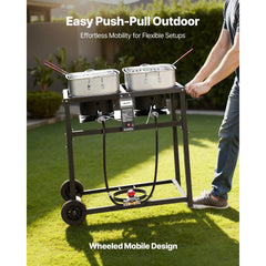 VEVOR Outdoor Propane Deep Fryer, Dual-Tank 18QTx2 Commercial Fryer, Multi-Purpose Portable Frying Cart with Wheel, 3