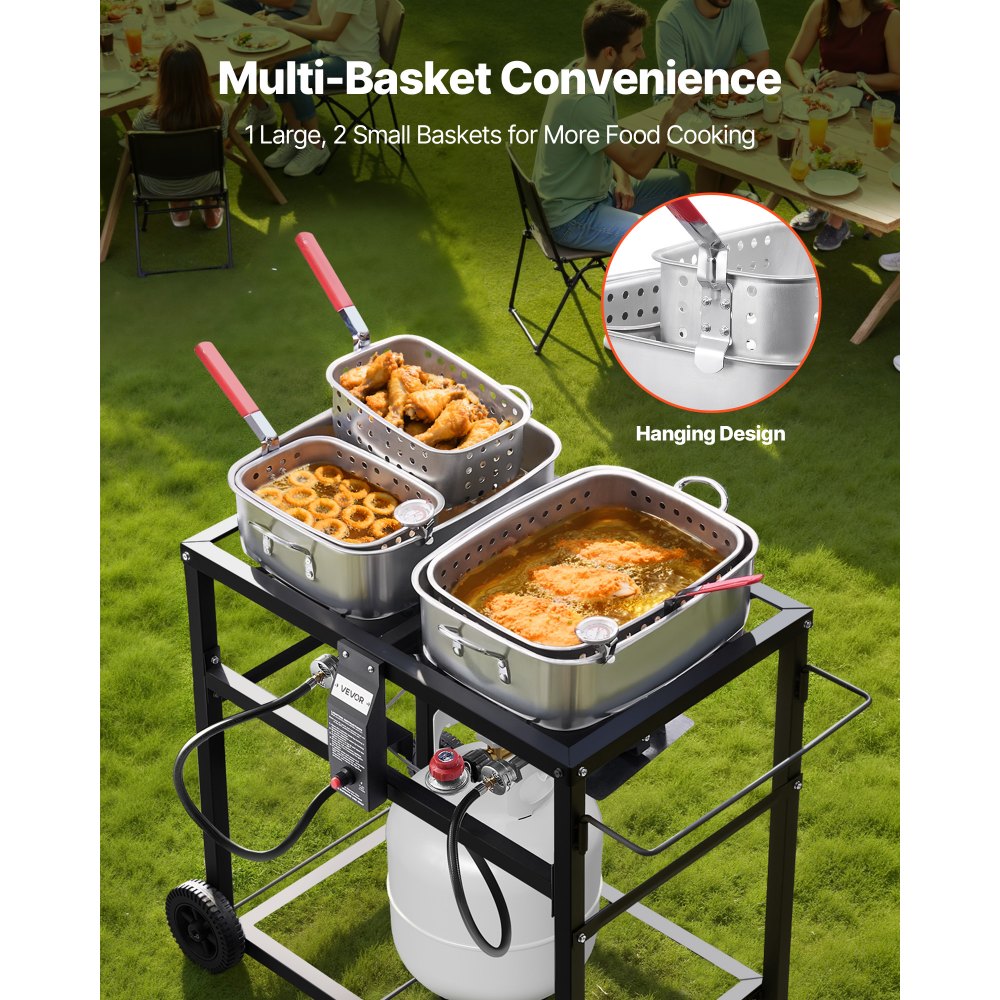 VEVOR Outdoor Propane Deep Fryer, Dual-Tank 18QTx2 Commercial Fryer, Multi-Purpose Portable Frying Cart with Wheel, 3