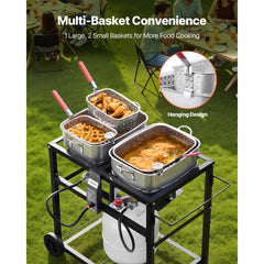VEVOR Outdoor Propane Deep Fryer, Dual-Tank 18QTx2 Commercial Fryer, Multi-Purpose Portable Frying Cart with Wheel, 3