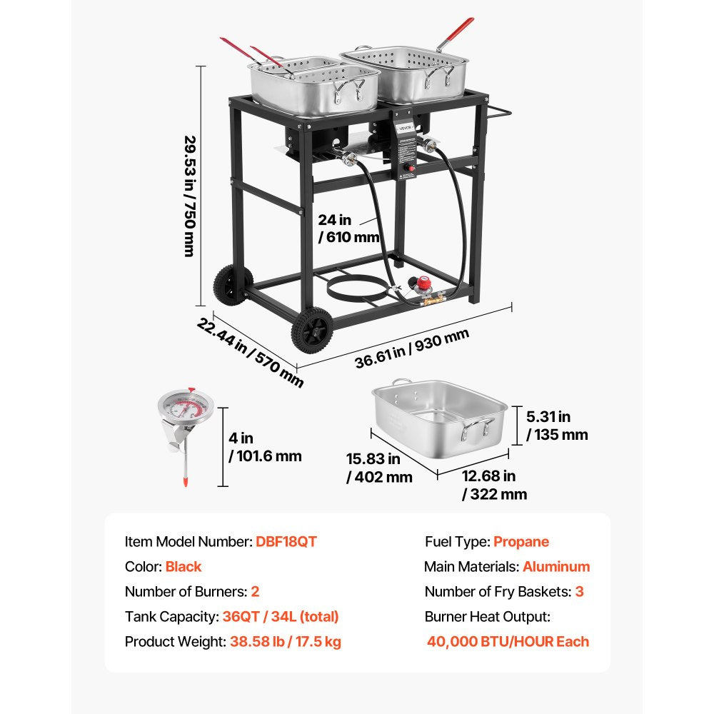 VEVOR Outdoor Propane Deep Fryer, Dual-Tank 18QTx2 Commercial Fryer, Multi-Purpose Portable Frying Cart with Wheel, 3
