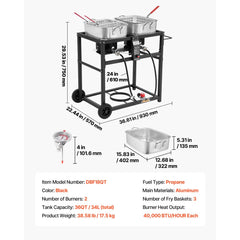VEVOR Outdoor Propane Deep Fryer, Dual-Tank 18QTx2 Commercial Fryer, Multi-Purpose Portable Frying Cart with Wheel, 3