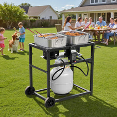 VEVOR Outdoor Propane Deep Fryer, Dual-Tank 18QTx2 Commercial Fryer, Multi-Purpose Portable Frying Cart with Wheel, 3