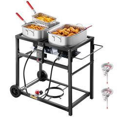 VEVOR Outdoor Propane Deep Fryer, Dual-Tank 18QTx2 Commercial Fryer, Multi-Purpose Portable Frying Cart with Wheel, 3