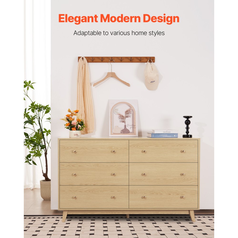 VEVOR 6 Drawer Dresser, Wooden Chest of Drawers with Sliding with Anti-tip Device, Modern Minimalist Dresser Chest