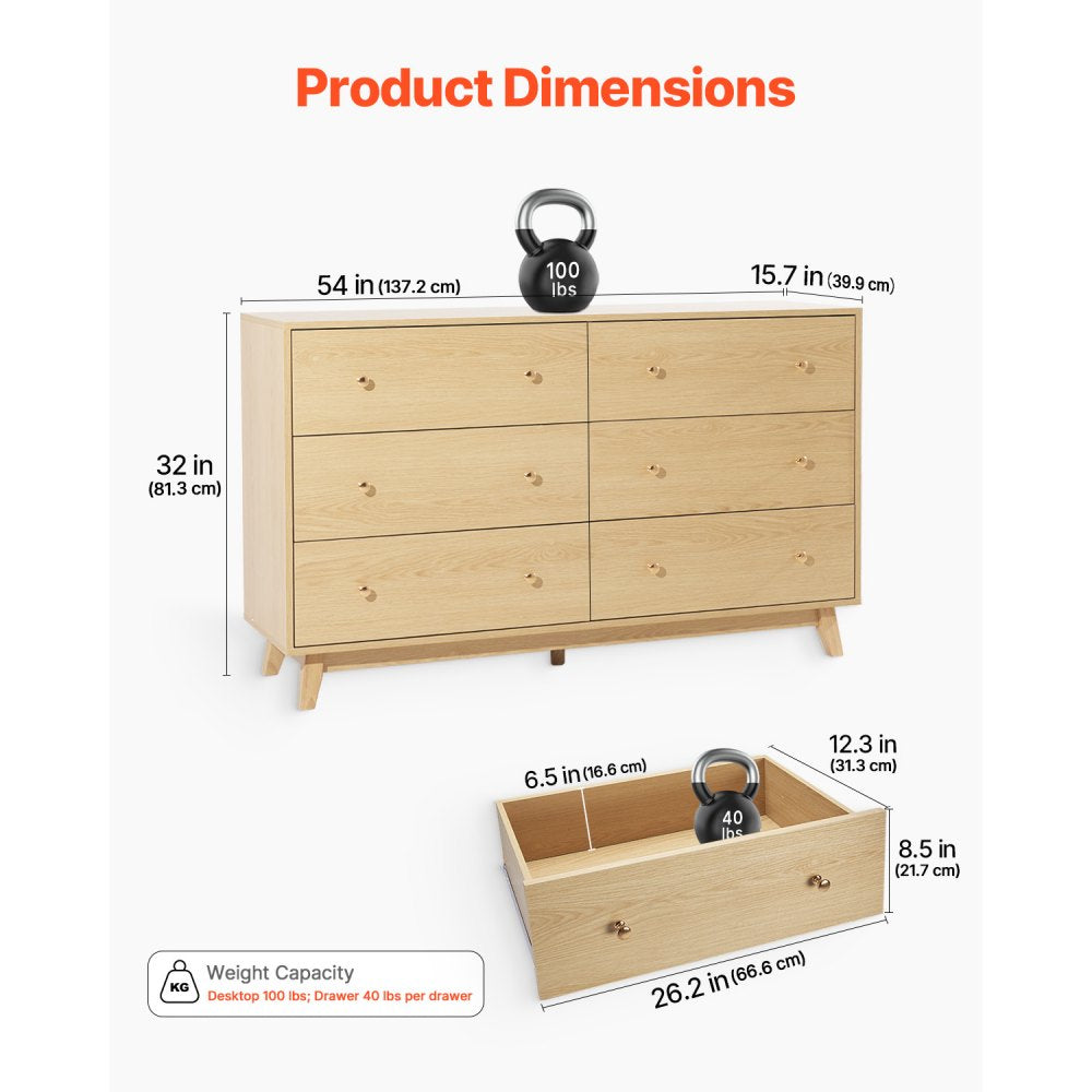 VEVOR 6 Drawer Dresser, Wooden Chest of Drawers with Sliding with Anti-tip Device, Modern Minimalist Dresser Chest