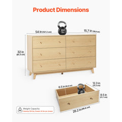 VEVOR 6 Drawer Dresser, Wooden Chest of Drawers with Sliding with Anti-tip Device, Modern Minimalist Dresser Chest