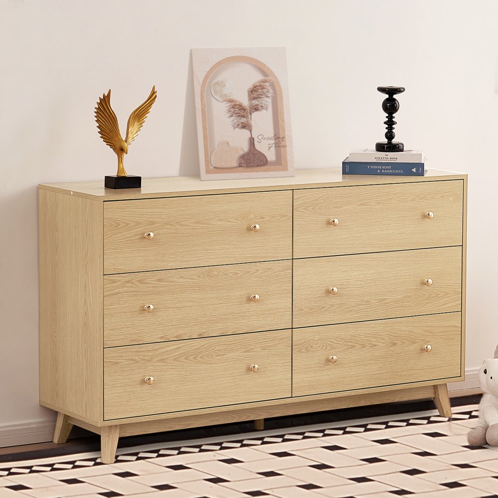 VEVOR 6 Drawer Dresser, Wooden Chest of Drawers with Sliding with Anti-tip Device, Modern Minimalist Dresser Chest