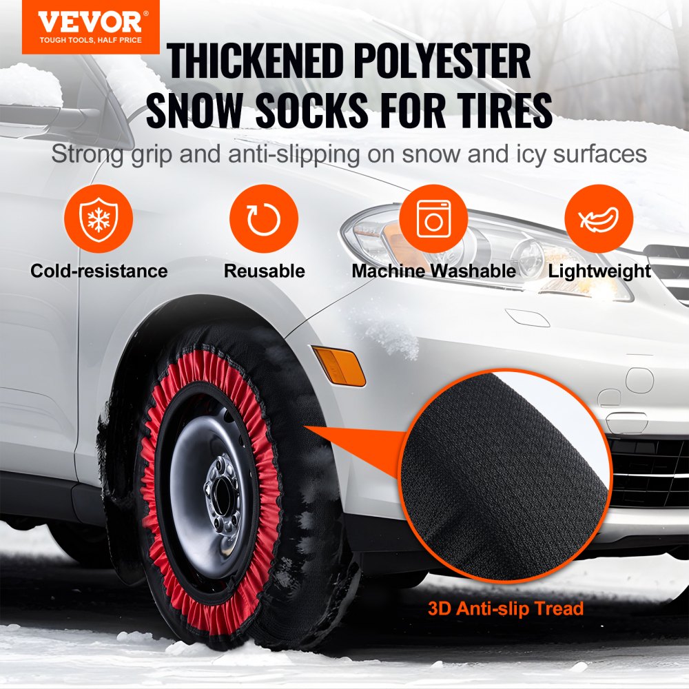 VEVOR Thickened Snow Socks for Tires, Polyester Fiber Tire Socks with Elastic Straps, Snow Traction Tire Cover for Car